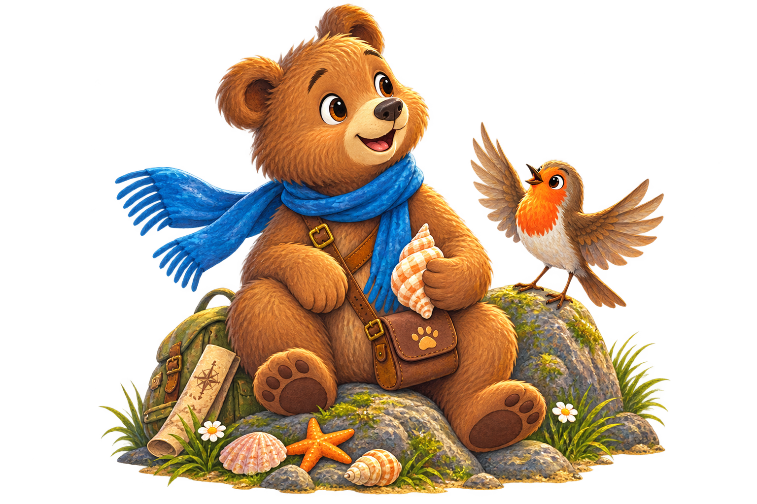 Bruno the Brave Bear sitting with his friend Loz the Robin
