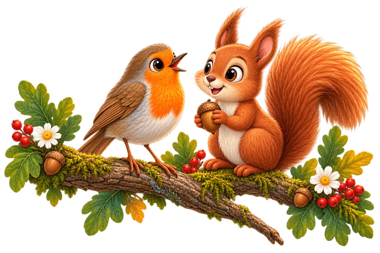 A robin and squirrel sitting together on a woodland branch