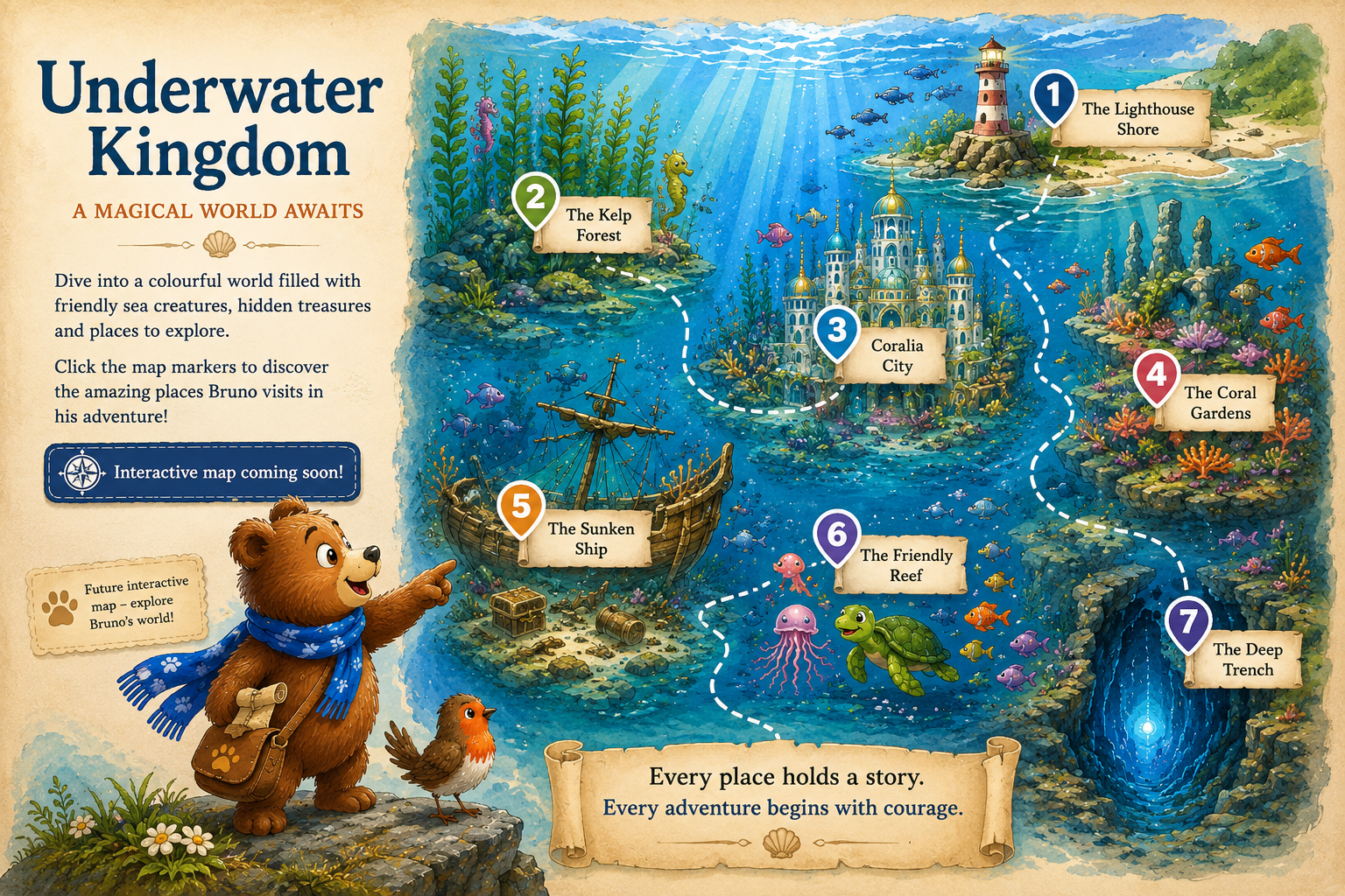 Illustrated map of Bruno's magical Underwater Kingdom